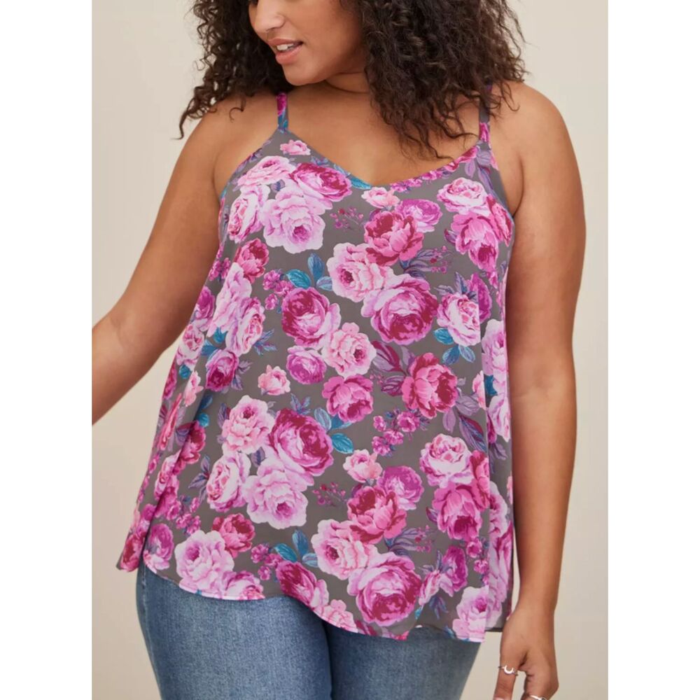 Torrid Sophie Floral Chiffon Swing Cami Tank Top Gray Pink Roses Size 3 NWOT
